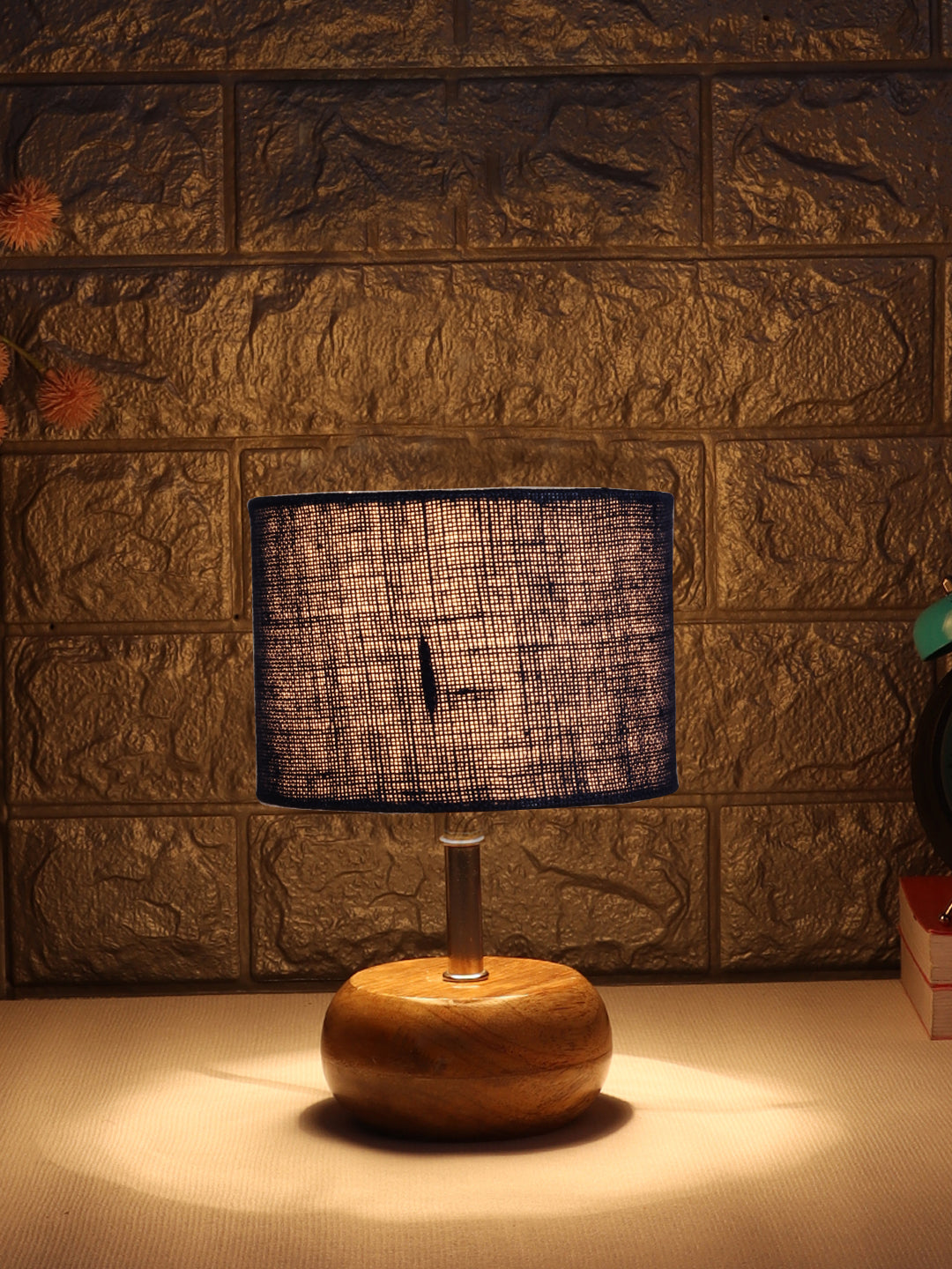 Blue Jute Shade with Wood Lamp Base (YC)