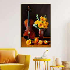 Breathtaking Still Life Painting of Violin & Yellow Gerbera Flowers