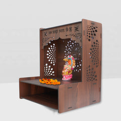 Luxurious Wood Temple for Home with Spacious Shelf & Inbuilt Focus Lights