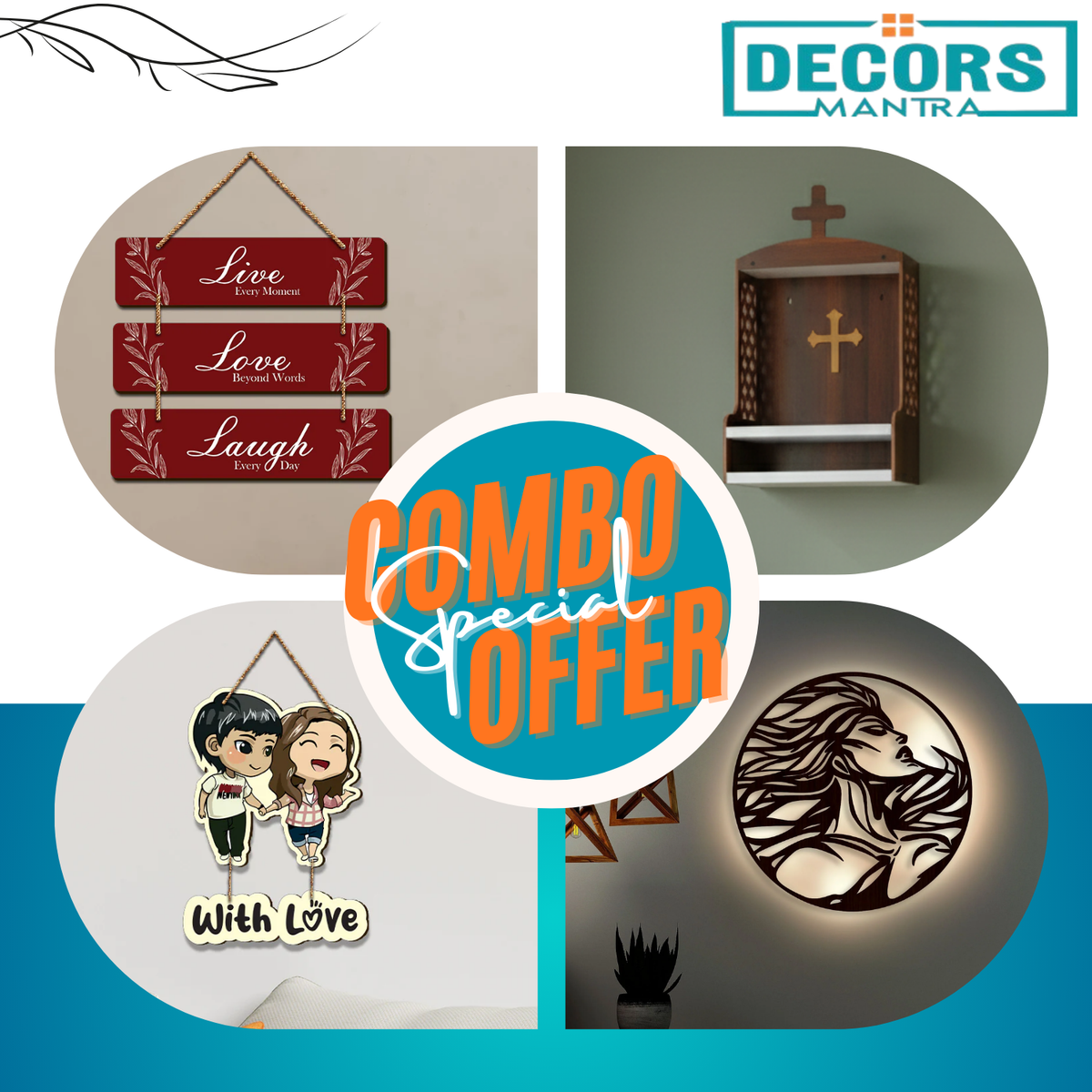 Wooden Temple , Quote Wall Art & Backlit Art Wooden Wall Hanging  4-Piece Combo