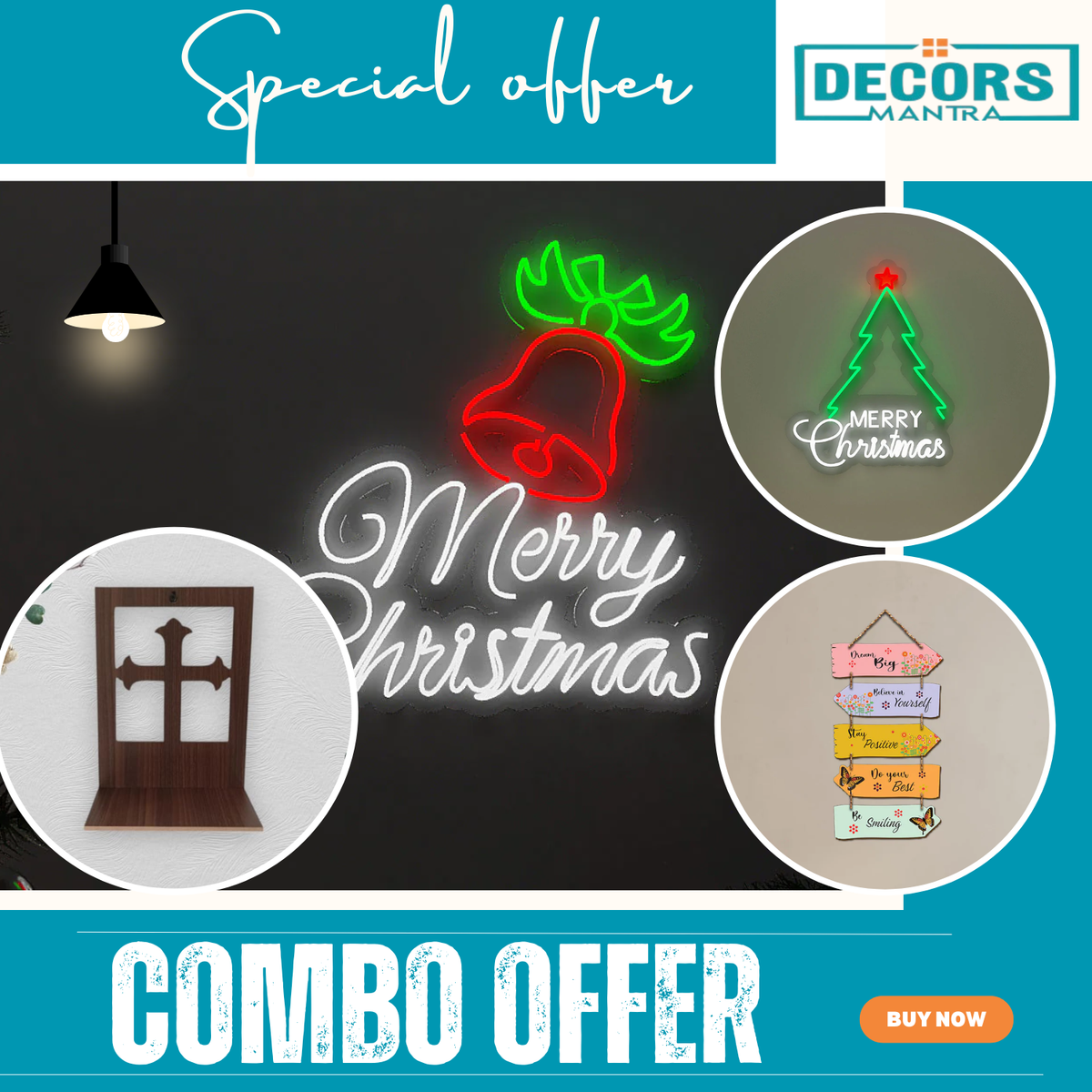 Elegant Wooden Christian Shrine + Merry Christmas  + Neon Sign & Home Decor Combo Offer