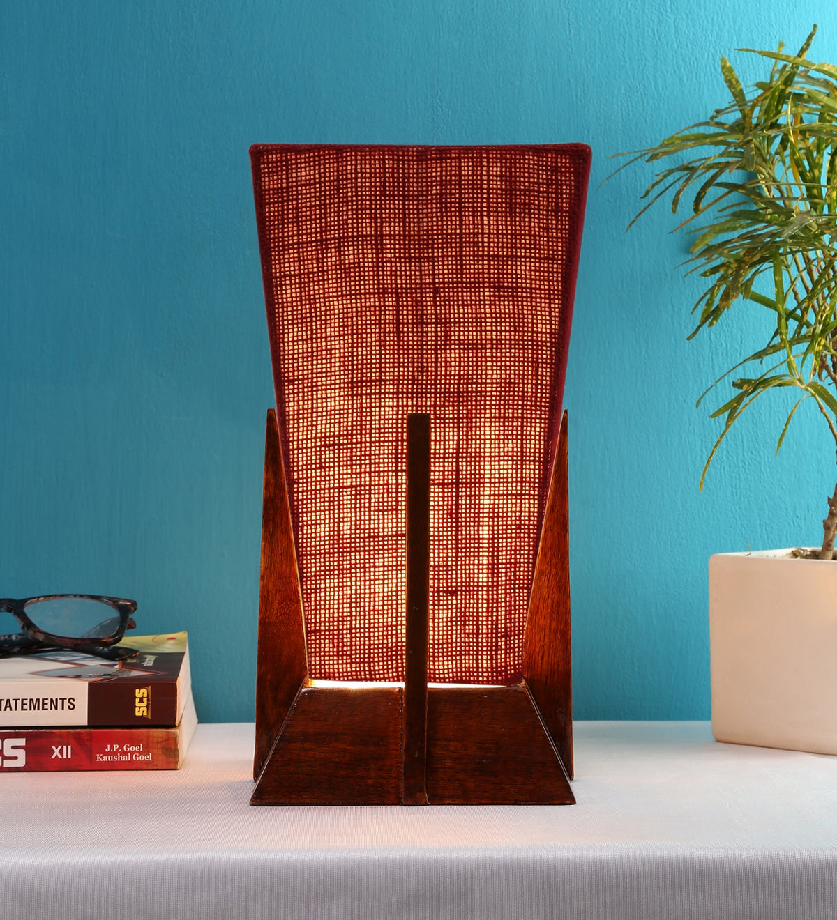 Pyramid Maroon Jute Shade Lamp with Wood Base