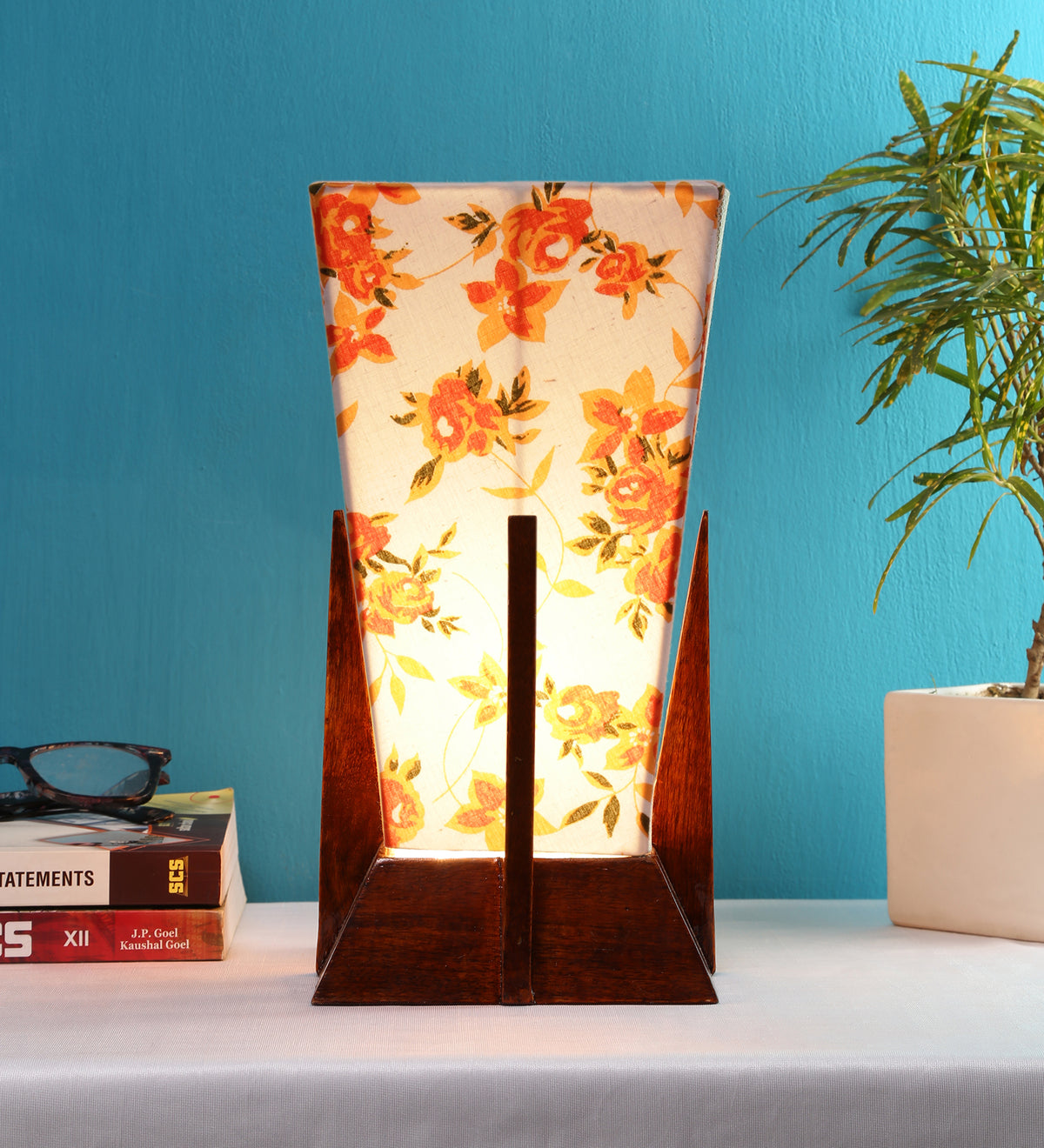 Pyramid Printed Cotton Shade Lamp with Wood Base