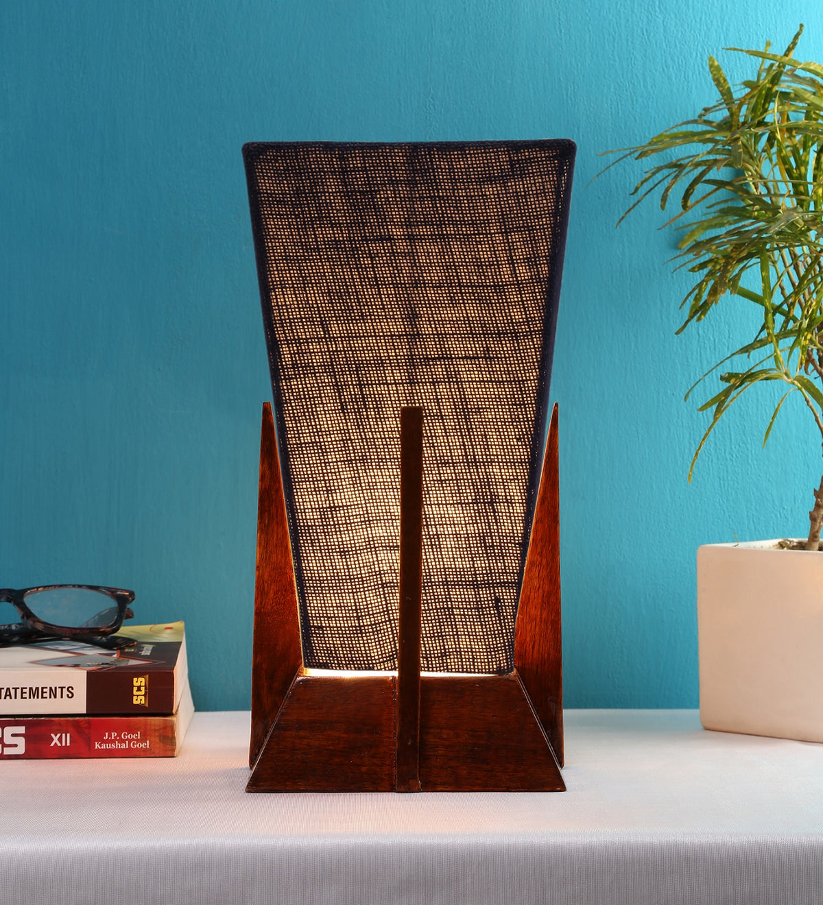 Pyramid Blue Jute Shade Lamp with Wood Base