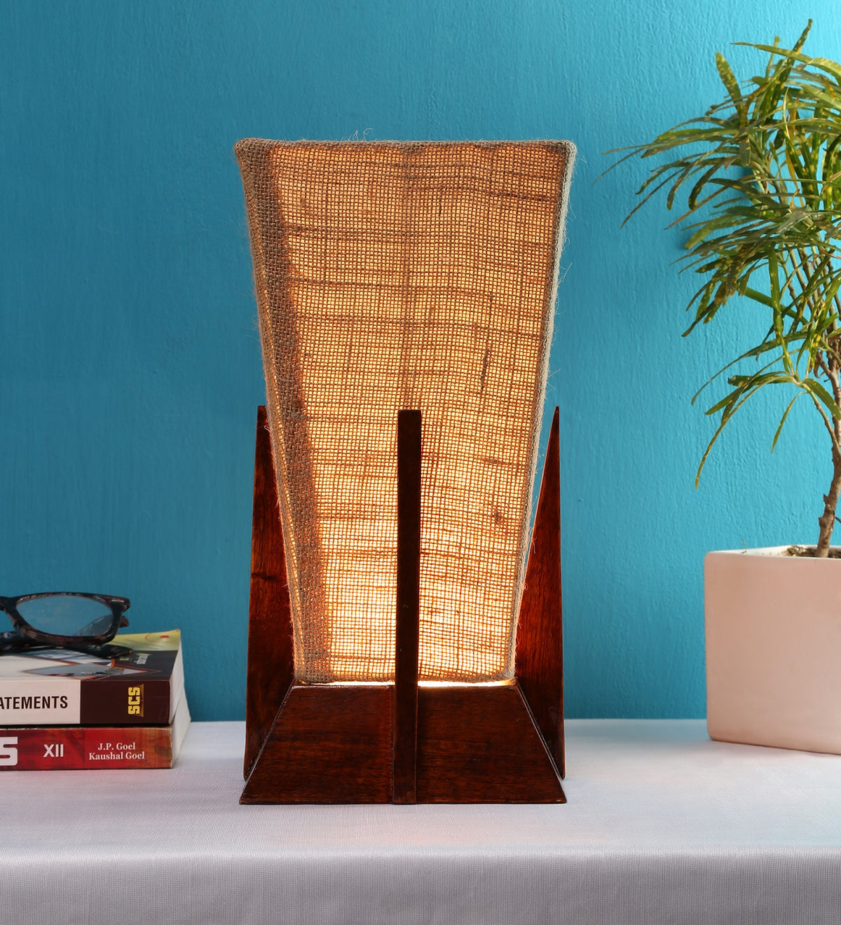 Pyramid Beige Jute Shade Lamp with Wood Base