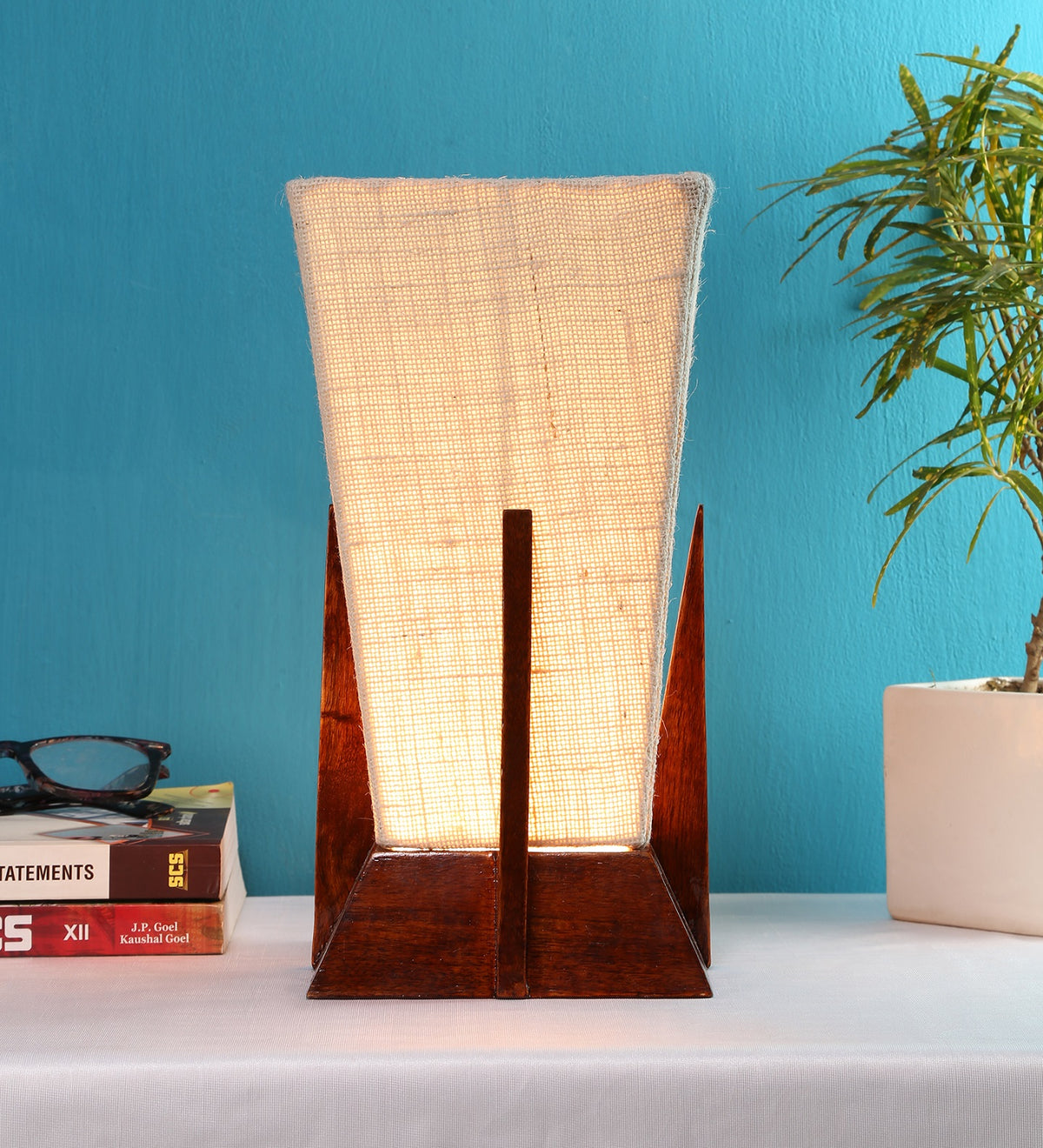 Pyramid White Jute Shade Lamp with Wood Base for Decoration