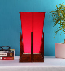 Pyramid Red Cotton Shade Lamp with Wood Base