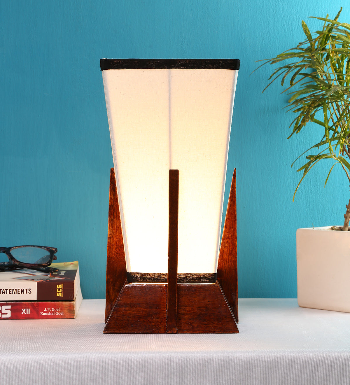 Pyramid White & Black Cotton Shade Lamp with Wood Base