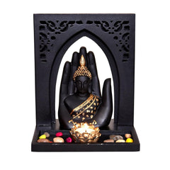 Buddha Facs Idol with Royal Tray and T Light Holder for Home Décor