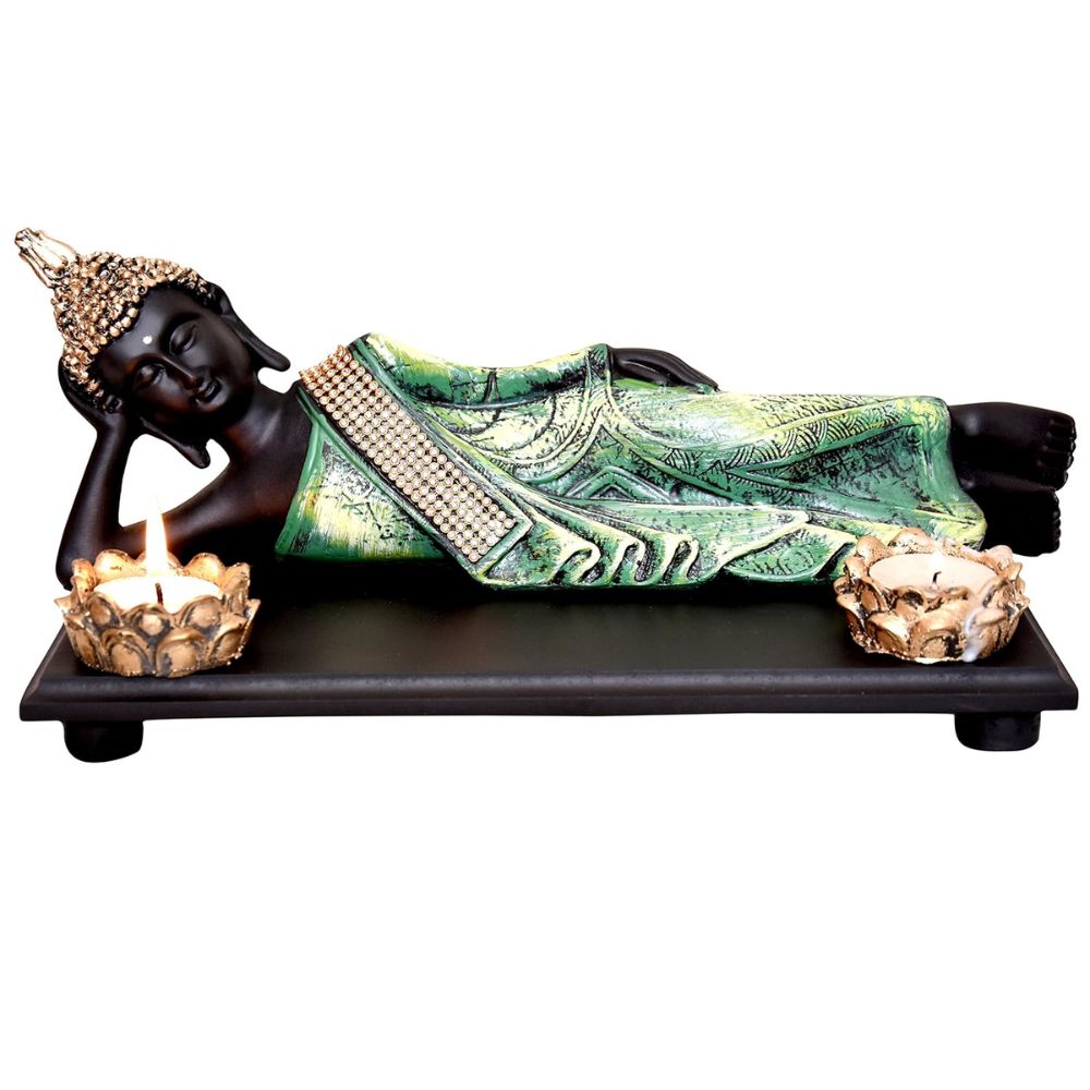 Polyresin & Wooden Tray Divine Resting Buddha Idol for Home Décor