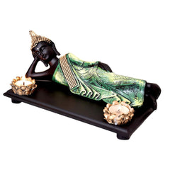 Polyresin & Wooden Tray Divine Resting Buddha Idol for Home Décor