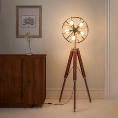 Tripod Floor Lamp Standing with Moveable Wheel 5 Light Fan Wooden Brown Polished and Brass Antique Gold Finish Adjustable 5ft Height