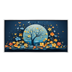 Premium Night Flower Tree Canvas Art | Blue and Orange Floral Moon Print