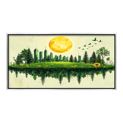 Premium Green Cityscape Reflection Canvas Art | Nature and Urban Blend Painting