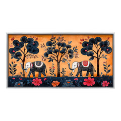 Premium Mithila Abstract Elephant & Floral Tree Canvas Print | Traditional Madhubani Style Wall Art