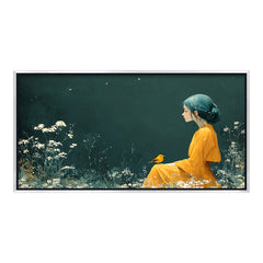 Premium Ethereal Girl and Bird Canvas Art | Dark Green Floral Portrait Painting