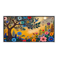 premium Whimsical Flower Garden Canvas Art | Vibrant Folk Art Tree Painting