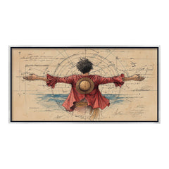 Straw Hat Pirate Epic Pose Wall Art | Vintage Chart Nautical Anime Illustration| Pirate Figure on Compass Chart Background