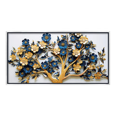 Premium Golden and Blue Floral Tree Canvas Painting - 3D Style Wall Art  for Living Room