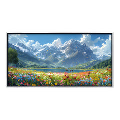 Premium Mountain Landscape Canvas Art | Wildflower Meadow and Lake Painting
