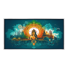 Premium Ornate Indian Goddess and Mandala Skyline Canvas | Vibrant Teal and Orange Cultural Art Print
