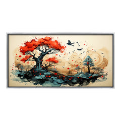 Premium Asian Ink Wash Style Art | Vibrant Red Tree and Black Frame Canvas