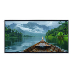 Premium Wooden Boat in Misty Mountain Lake Canvas Painting - Nature Wall Art for Living Room