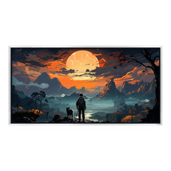 Premium Epic Fantasy Landscape Wall Art | Traveler and Dog at Sunset Full Moon Canvas Print