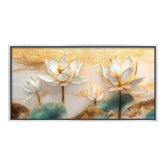 Premium 3D White Lotus Flower Wall Art | Gold Accented Floral Canvas Print