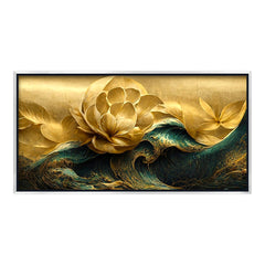 Premium Modern Golden Flower and Waves Canvas Wall Painting for Wall Decors
