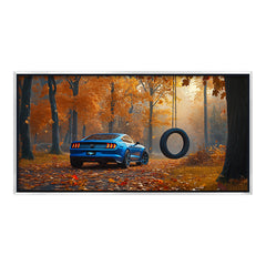 Premium Blue Sports Car Autumn Forest Canvas Painting - Nature & Car Wall Art for Living Room