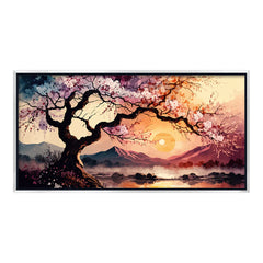 Premium Cherry Blossom Tree Sunset Canvas Art | Tranquil Asian Landscape Painting