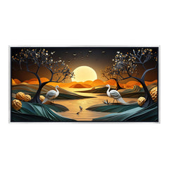 Golden Moonrise & Twin Cranes: High-Contrast Oriental Landscape – Premium Wall Decor