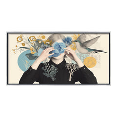 Premium Surreal Woman and Flower Canvas Art | Hummingbird and Botanical Collage Print