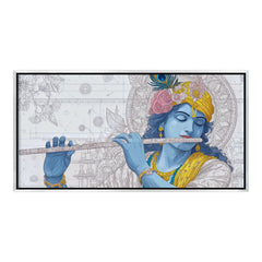 Lord Krishna Flute Player Canvas Art | Detailed Line Art Blue Bansuri Spiritual Print