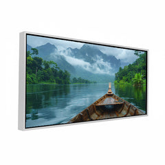 Premium Wooden Boat in Misty Mountain Lake Canvas Painting - Nature Wall Art for Living Room