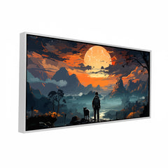 Premium Epic Fantasy Landscape Wall Art | Traveler and Dog at Sunset Full Moon Canvas Print
