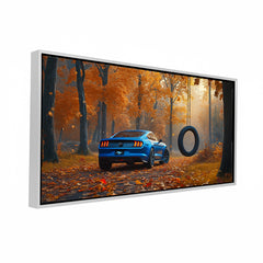 Premium Blue Sports Car Autumn Forest Canvas Painting - Nature & Car Wall Art for Living Room