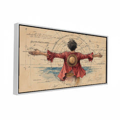 Straw Hat Pirate Epic Pose Wall Art | Vintage Chart Nautical Anime Illustration| Pirate Figure on Compass Chart Background