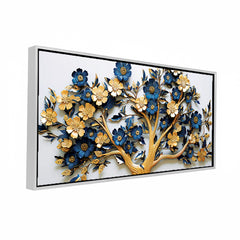 Premium Golden and Blue Floral Tree Canvas Painting - 3D Style Wall Art  for Living Room