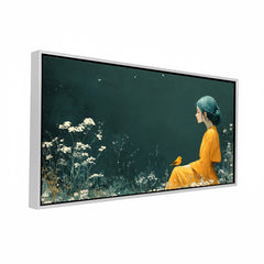 Premium Ethereal Girl and Bird Canvas Art | Dark Green Floral Portrait Painting