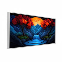 Crimson Tree & Indigo Mountain: High-Contrast Abstract Landscape – Premium Modern Wall Decor