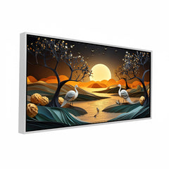 Golden Moonrise & Twin Cranes: High-Contrast Oriental Landscape – Premium Wall Decor