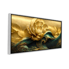 Premium Modern Golden Flower and Waves Canvas Wall Painting for Wall Decors