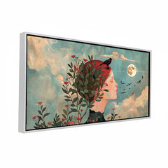 Premium Dreamy Woman Portrait Canvas Art | Full Moon and Birds Wall Decor