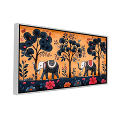 Premium Mithila Abstract Elephant & Floral Tree Canvas Print | Traditional Madhubani Style Wall Art