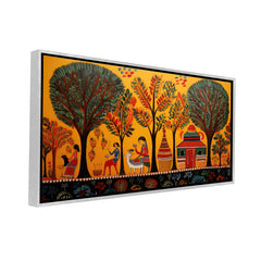 Premium Madhubani Village Life Wall Art | Traditional Mithila Folk Canvas Print for Home Decor