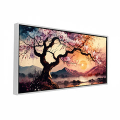 Premium Cherry Blossom Tree Sunset Canvas Art | Tranquil Asian Landscape Painting