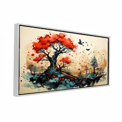Premium Asian Ink Wash Style Art | Vibrant Red Tree and Black Frame Canvas