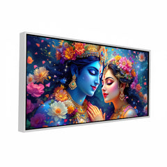 Celestial Radha Krishna: Cosmic Love & Floral Galaxy Art – Modern Spiritual Wall Decor